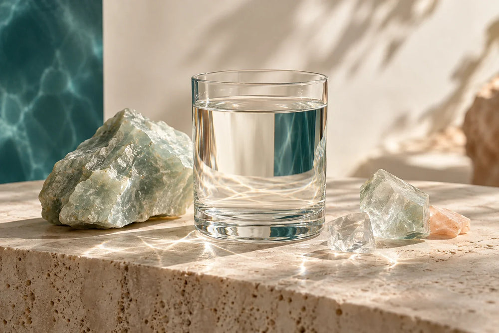 Glass of water beside pale sage mineral forms on an ivory stone surface
