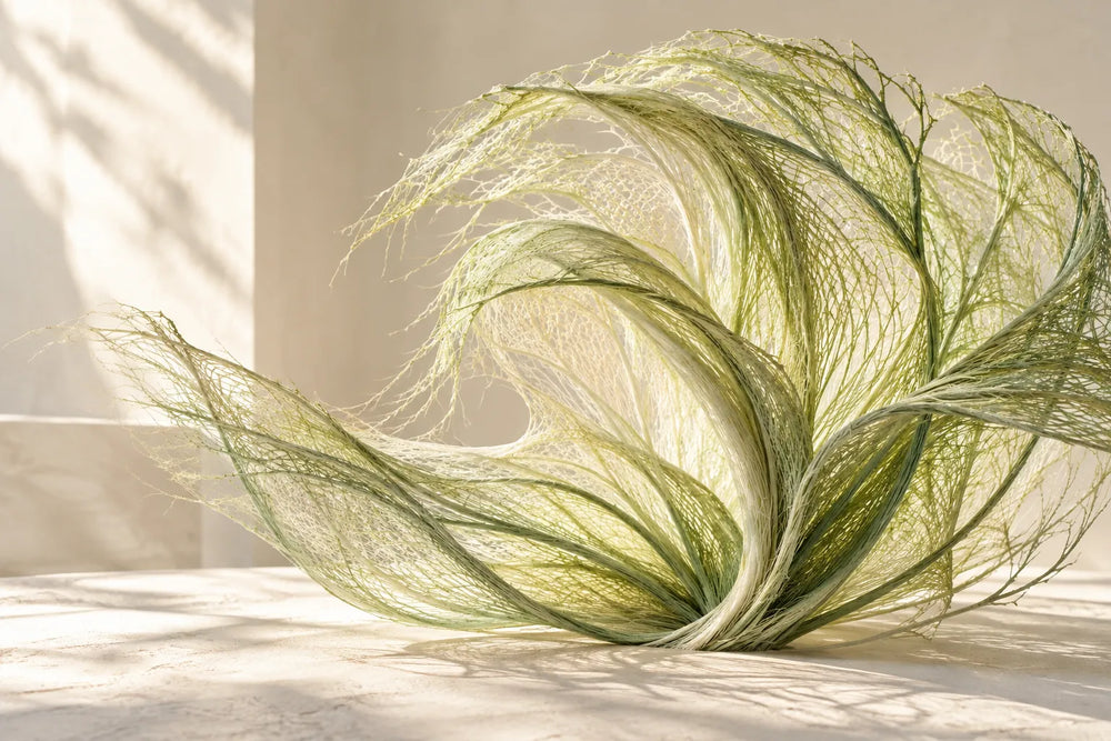 Abstract sage-green botanical fibres woven into an airy, sunlit form on ivory stone.