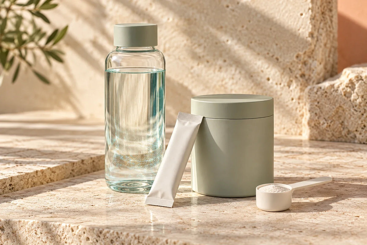 Plain sachet, powder canister and measuring spoon beside a water bottle