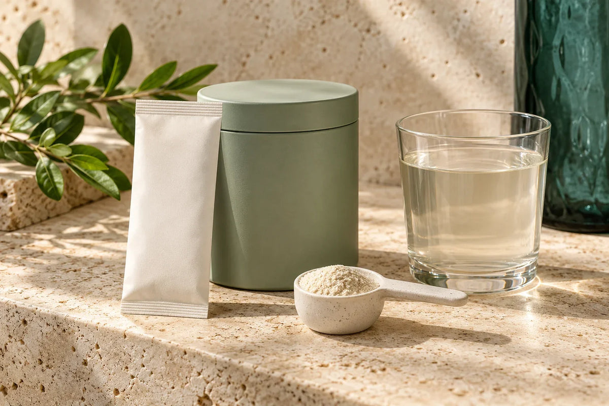 Plain sachet and powder canister beside a measuring scoop and glass of water
