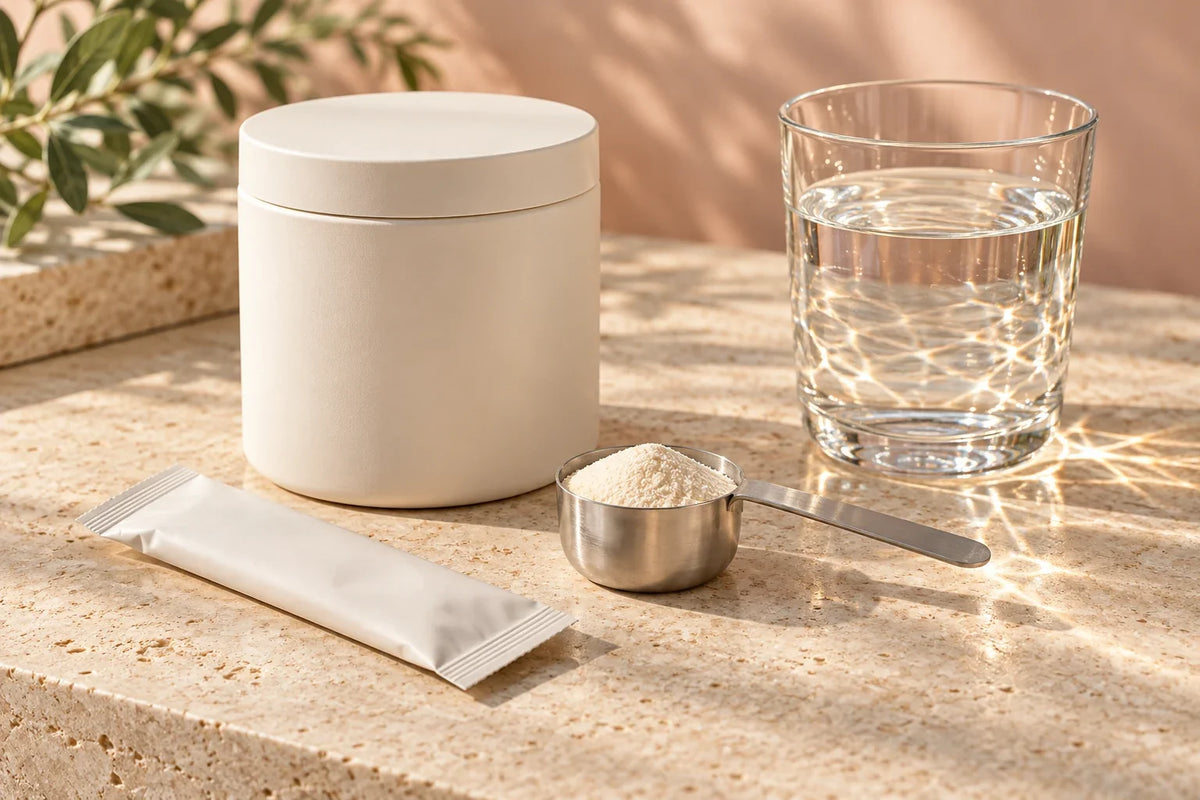 An unbranded powder tub, plain sachet and scoop of powder beside a glass of water