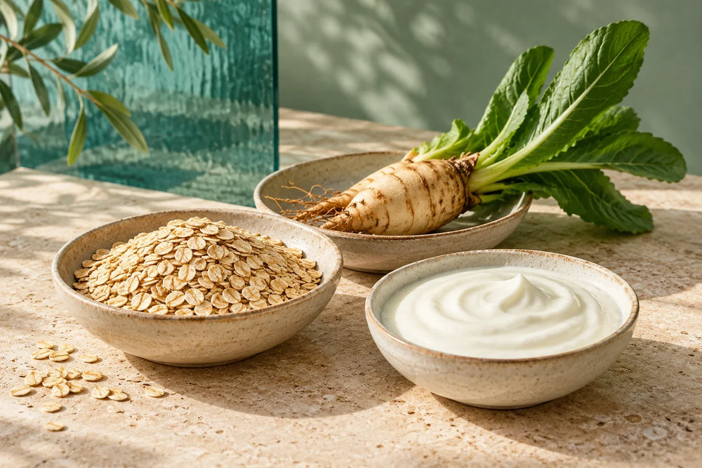 Oats, a leafy root and plain yoghurt in ceramic bowls