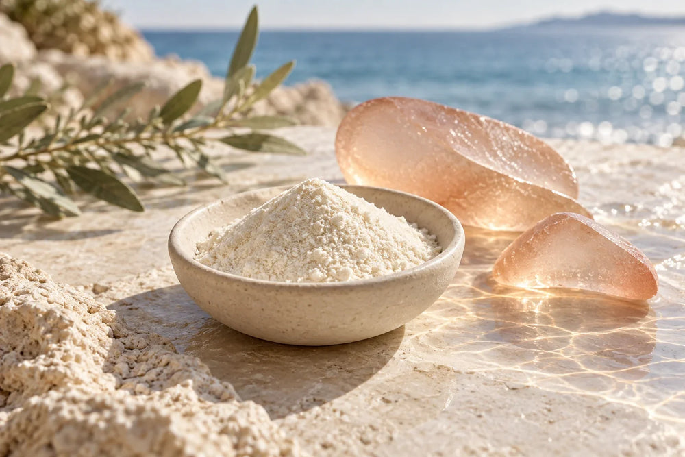 Fine powder in an ivory ceramic dish beside peach sea glass, with the sea in the background