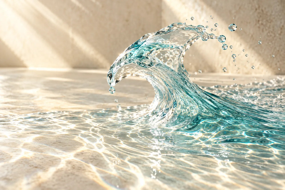Sculptural turquoise water curling over ivory stone in sunlight.