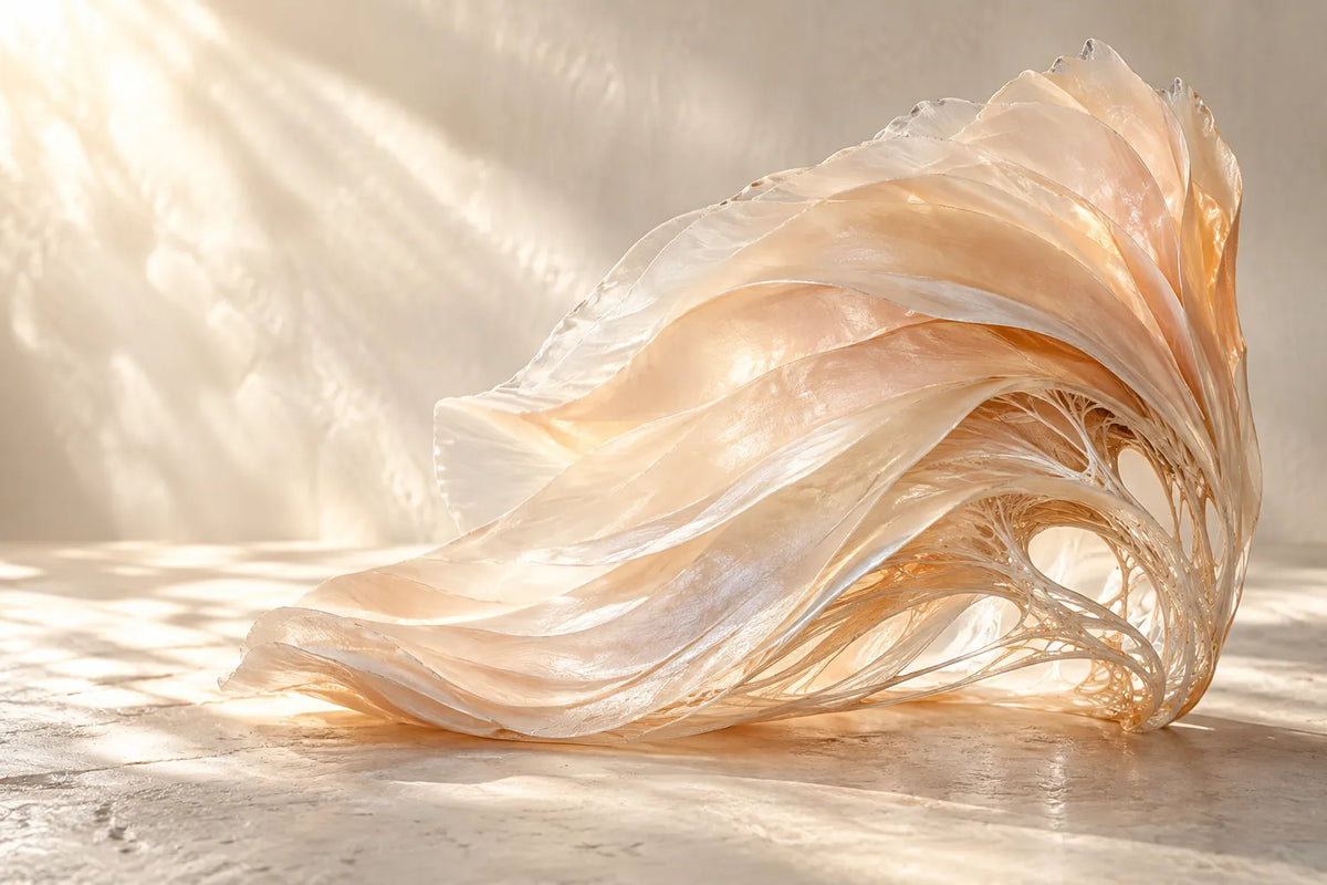 Abstract pearl and peach layers joined by fine strands on sunlit ivory stone.