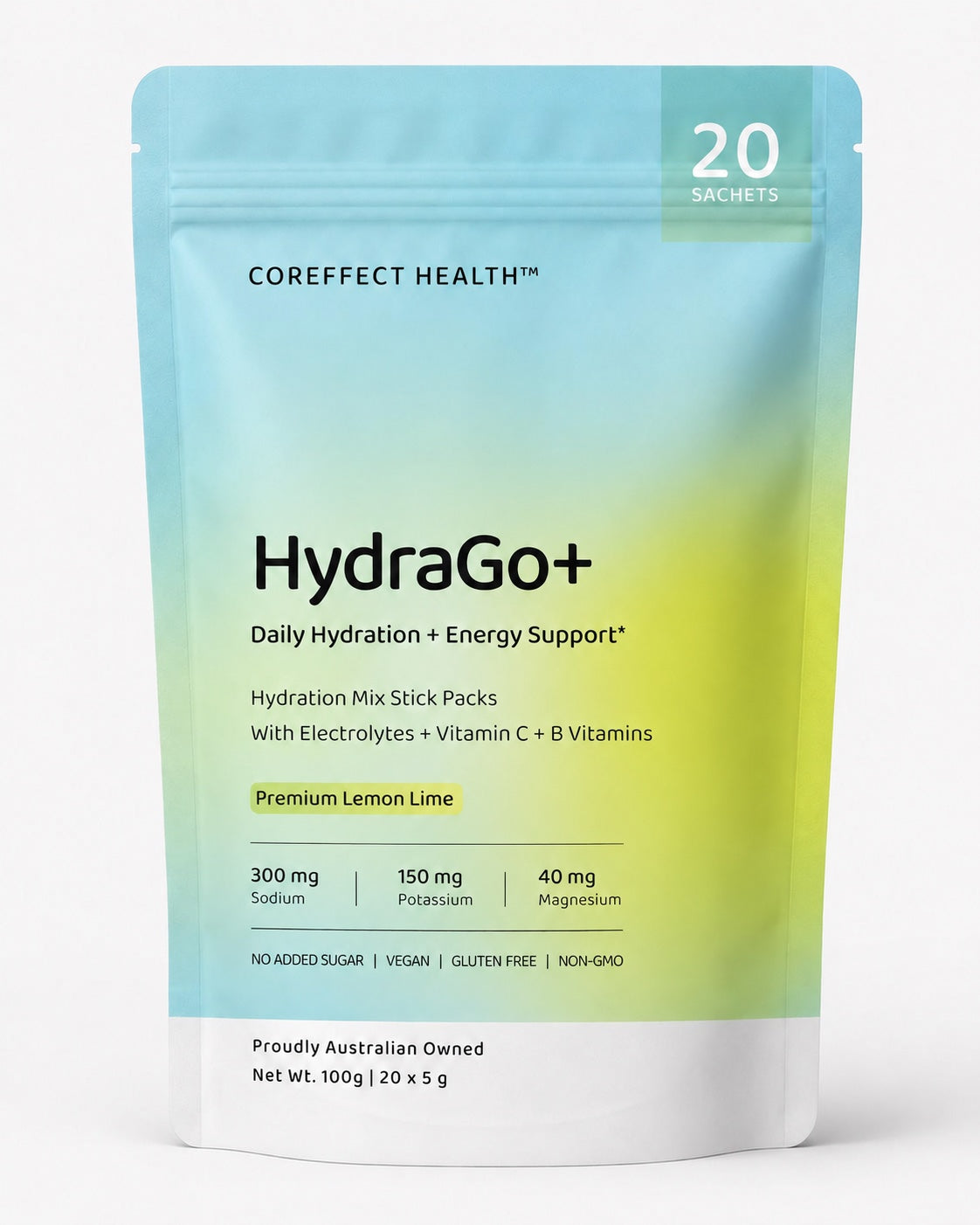 HydraGo+ lemon lime hydration mix front pouch containing 20 sachets