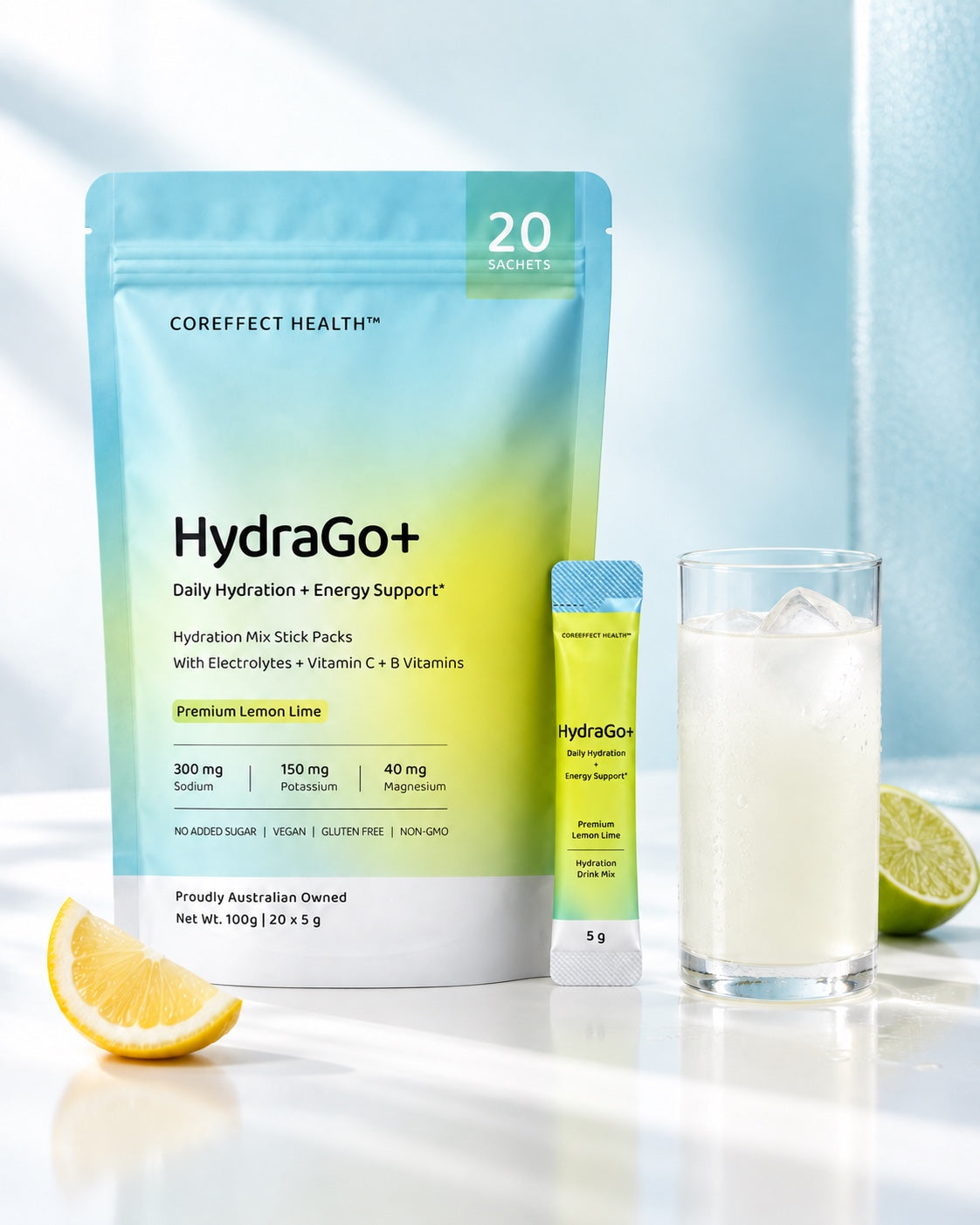 Coreffect Health HydraGo+ lemon lime hydration mix pouch and sachet beside an iced drink