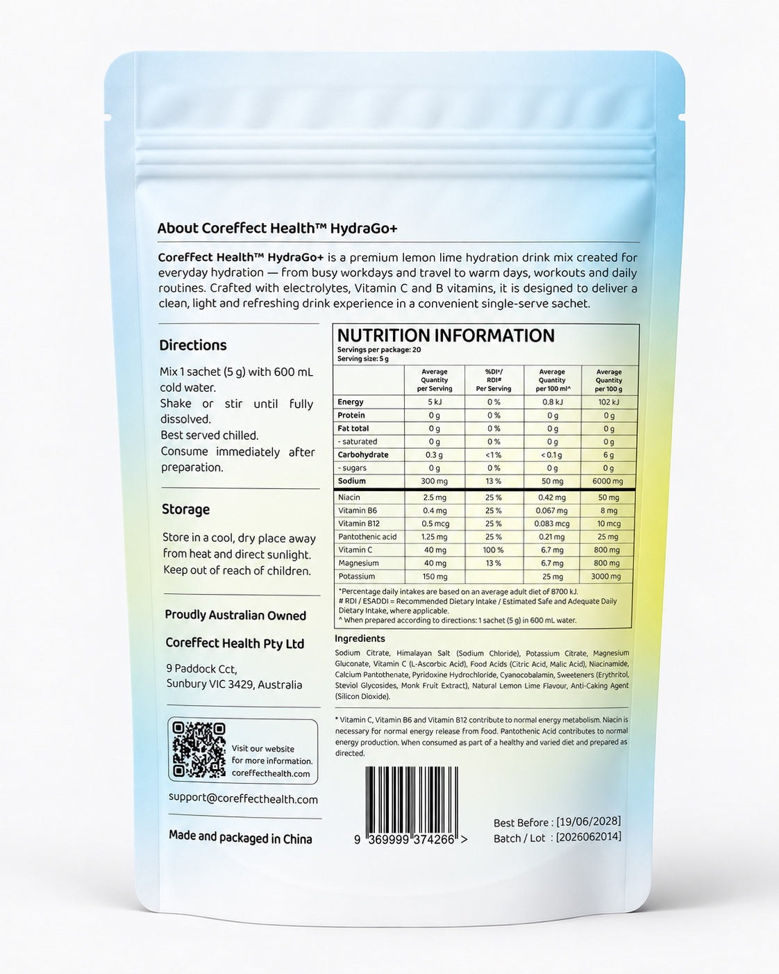 Back of HydraGo+ pouch showing nutrition information, ingredients and preparation directions