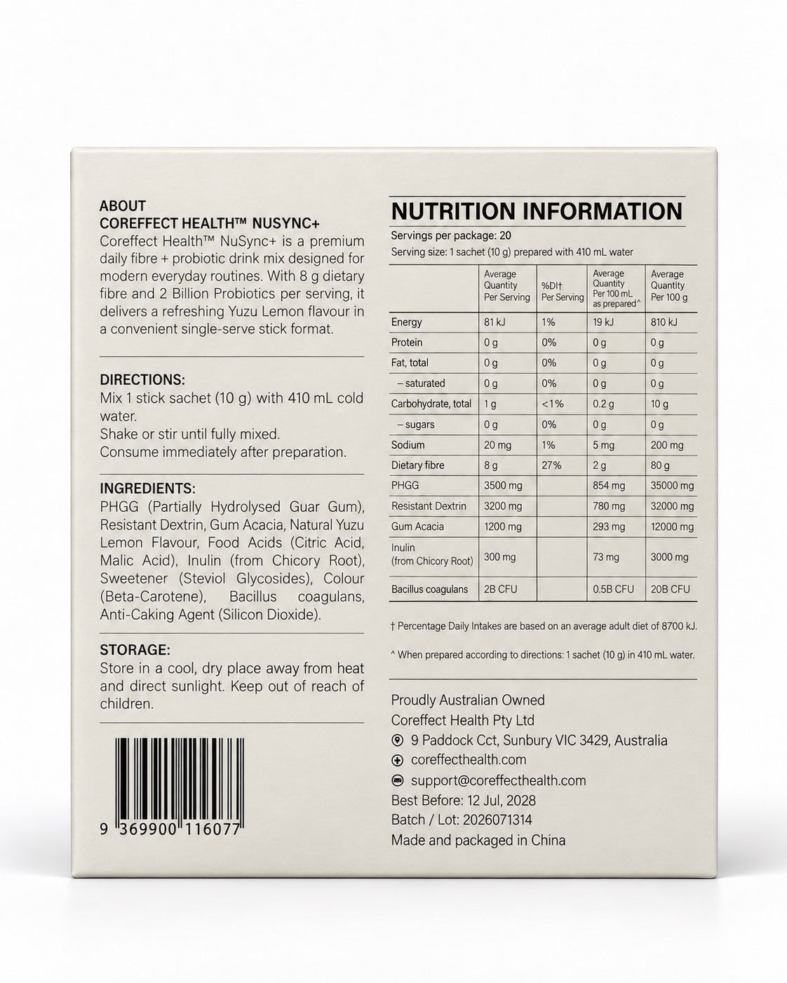 Back of NuSync+ box showing nutrition information, ingredients, preparation directions and storage instructions.