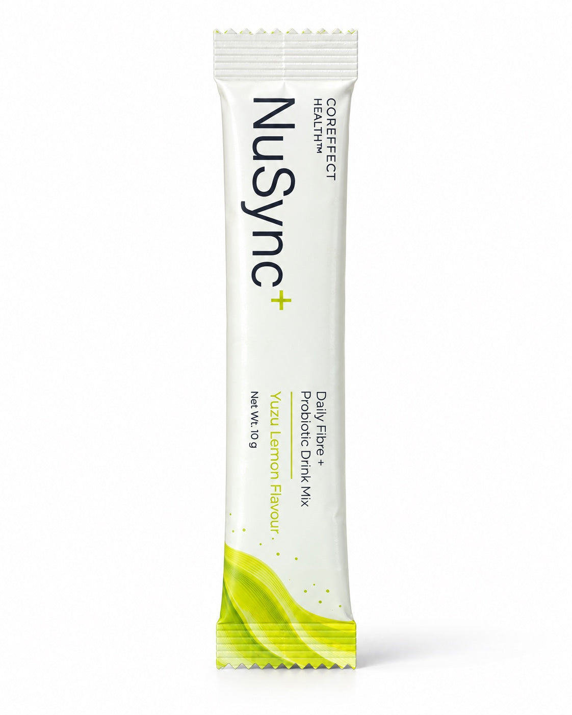 NuSync+ Yuzu Lemon daily fibre and probiotic drink mix in an individual 10 g stick sachet.