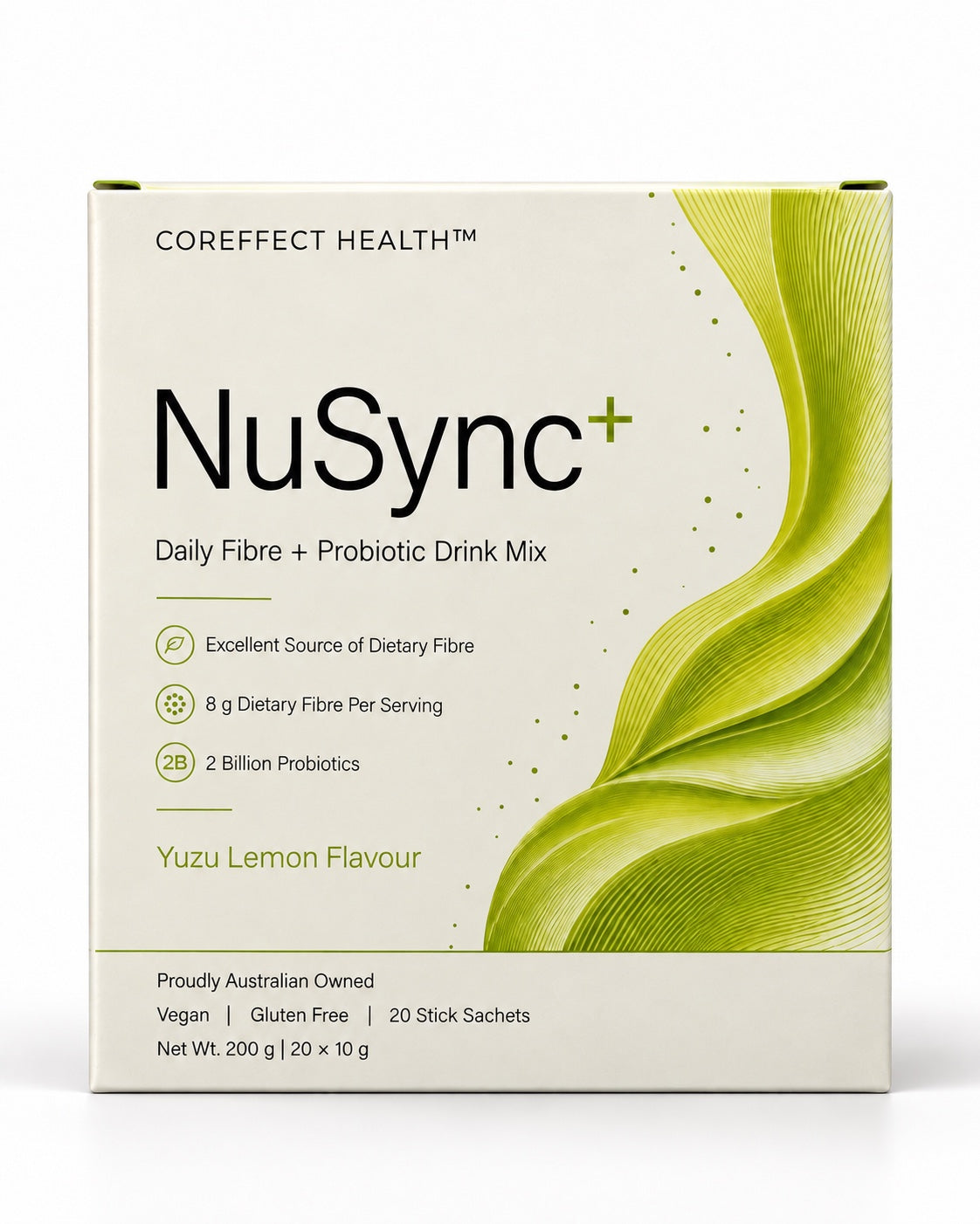 Front of NuSync+ Yuzu Lemon daily fibre and probiotic drink mix box, containing 20 x 10 g sachets.
