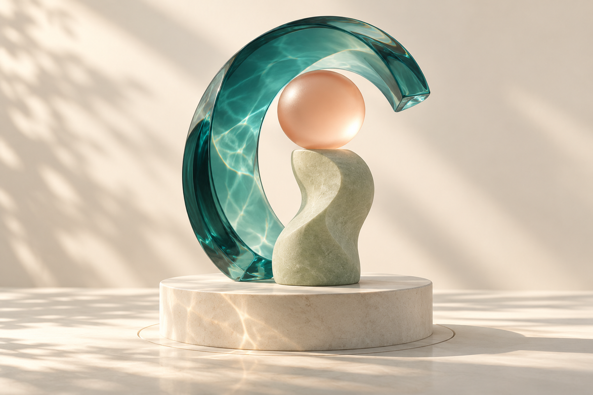 Sculptural glass arch, sage column and peach sphere arranged in soft light.