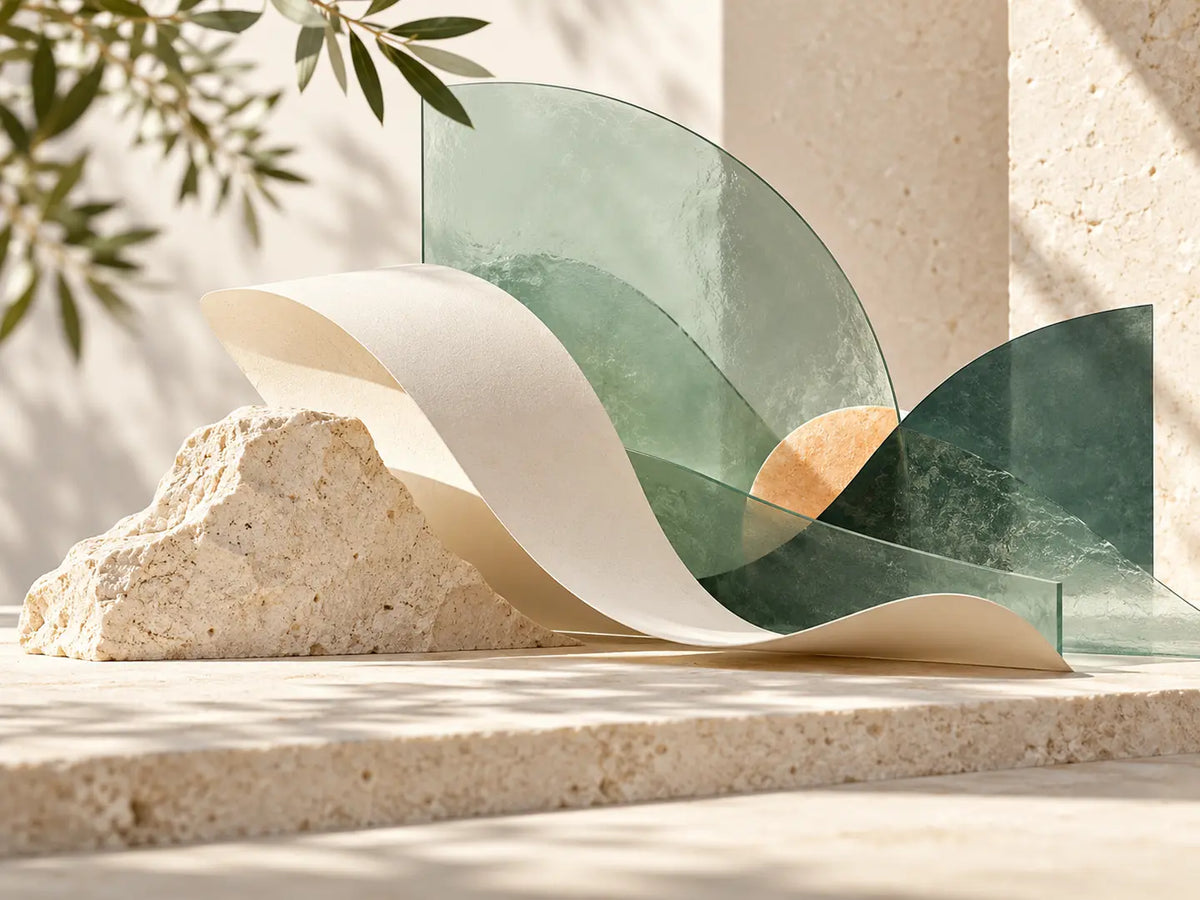 Layered sea glass and curved paper in soft daylight