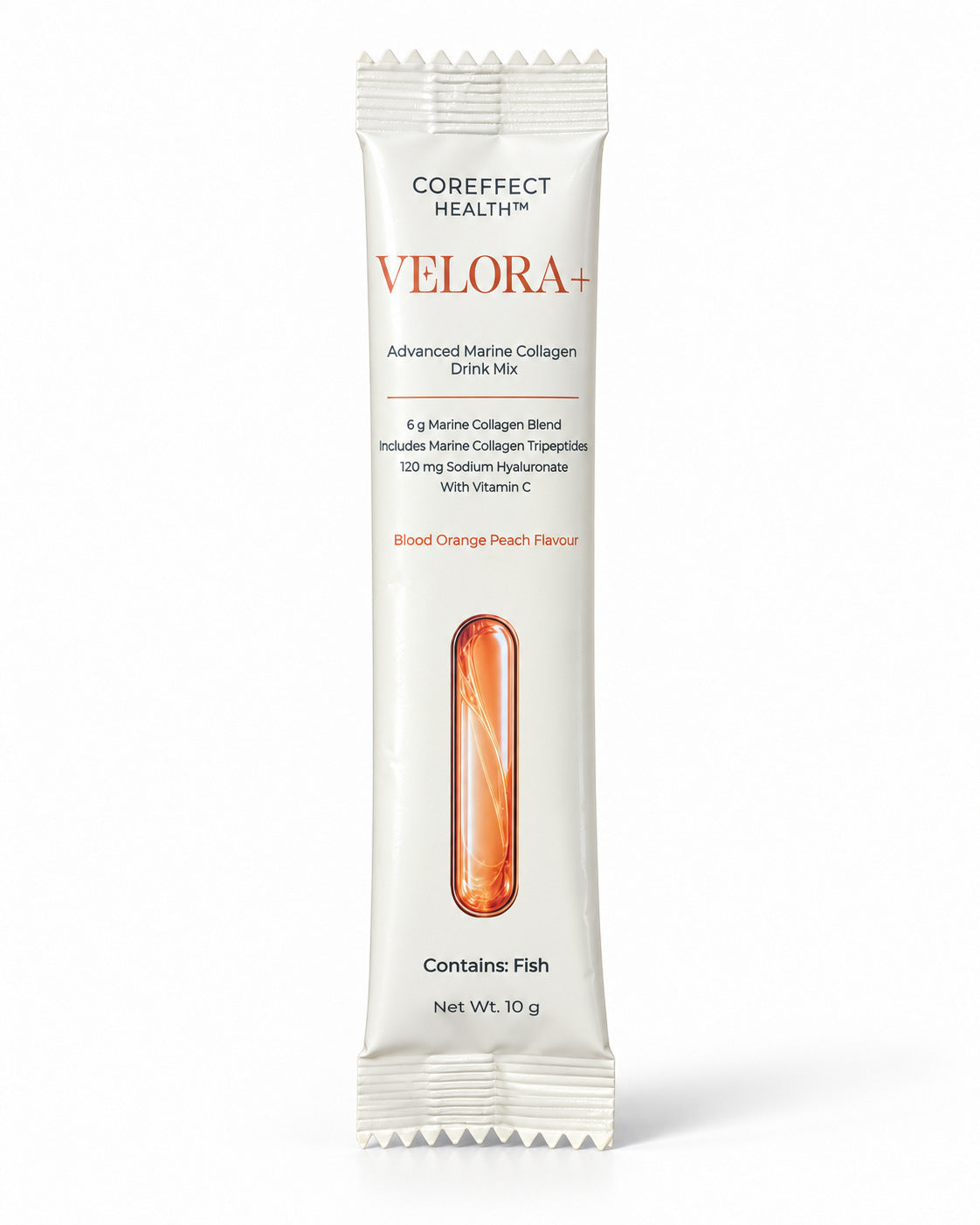 Velora+ Blood Orange Peach marine collagen drink mix in an individual 10 g stick sachet.