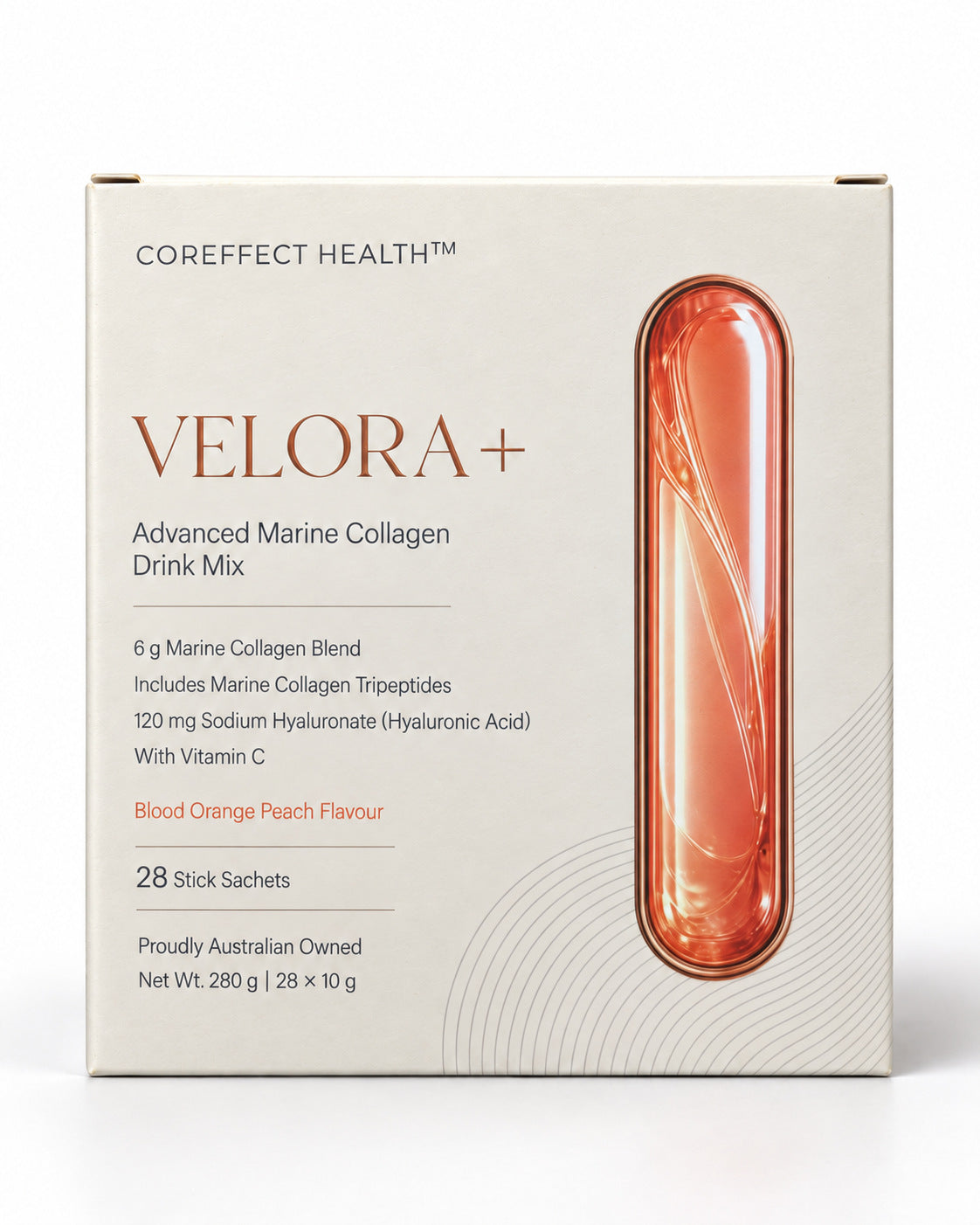 Front of Velora+ Blood Orange Peach marine collagen drink mix box, containing 28 x 10 g sachets.