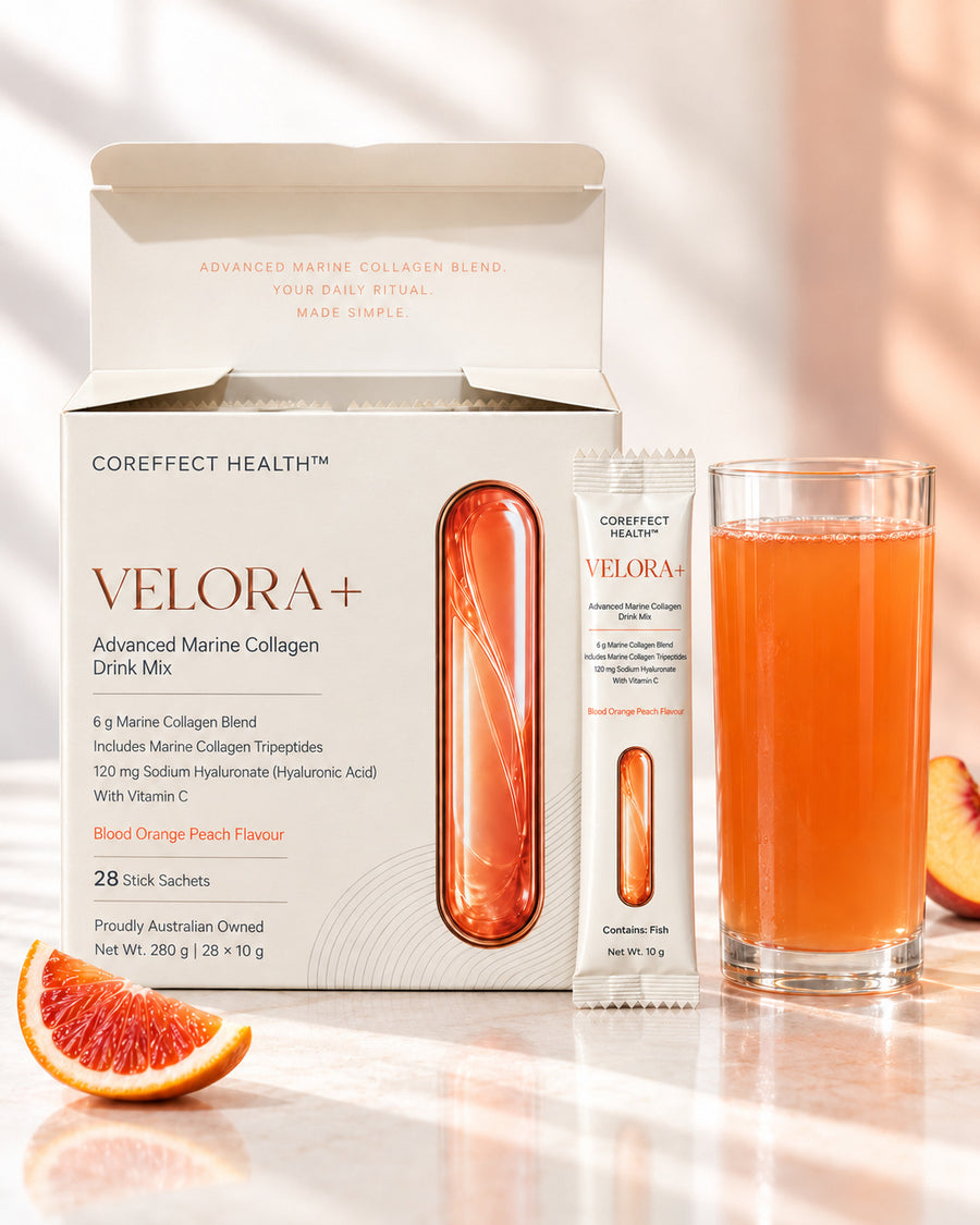 Velora+ Blood Orange Peach marine collagen drink mix with an open box, 10 g sachet and prepared drink.