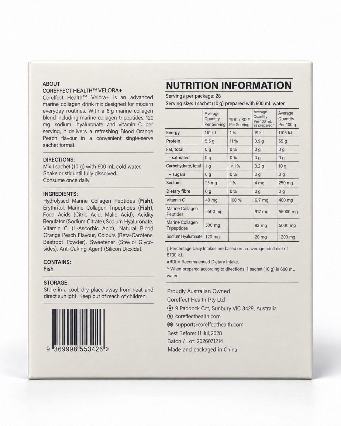 Back of Velora+ box showing nutrition information, ingredients, preparation directions and storage instructions.