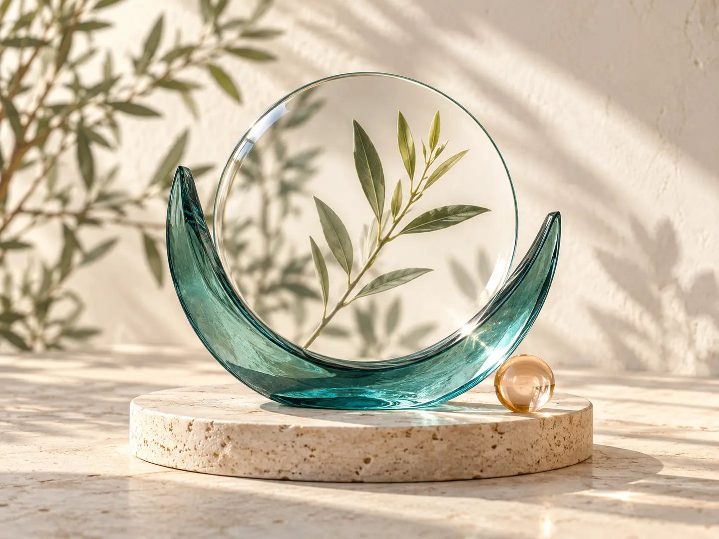 A clear glass lens framing a botanical stem, held by teal glass on an ivory stone base
